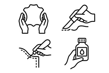 Leather crafting outline icon set featuring hands holding leather hide, cutting with craft knife, stitching using awl, and applying leather dye bottle, editable stroke vector on transparent background