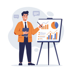 Man in suit presents data on whiteboard with charts holding a clipboard