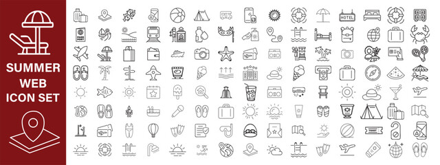 Summer set of web icons in line style. Summer vacation icons for web and mobile app. Travel, beach, tourism, summer holidays, hotel, relax, beach, luggage, passport, sunglasses. Vector illustration