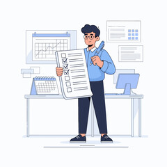Man in office with checklist pen computer desk calendar wall calendar and documents