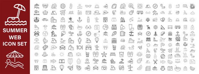Summer set of web icons in line style. Summer vacation icons for web and mobile app. Travel, beach, tourism, summer holidays, hotel, relax, beach, luggage, passport, sunglasses. Vector illustration