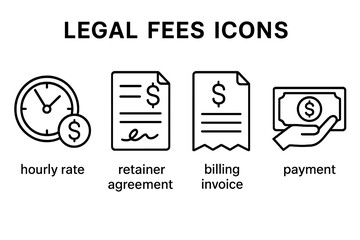 Legal fees and billing outline icon set for law firm services: hourly rate clock, signed retainer agreement contract, invoice receipt, cash payment hand, attorney cost vector icons