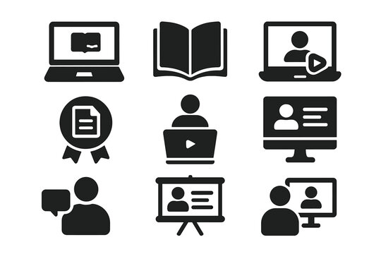 Solid glyph e-learning icons set: laptop with ebook, open textbook, online tutorial video, certificate badge, webinar presentation board, remote training, education symbols