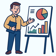 Cartoon of presenter beside whiteboard showing pie chart and line  bar graphs