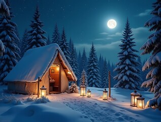 Fototapeta premium Snow covered tent in a winter forest at night image