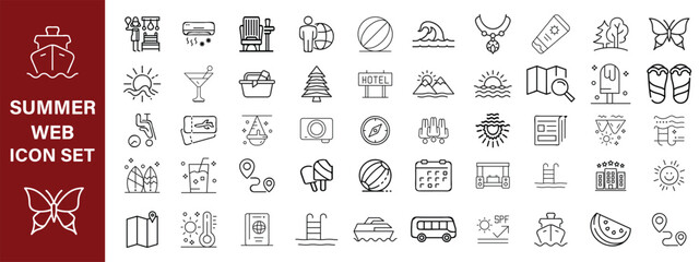 Summer set of web icons in line style. Summer vacation icons for web and mobile app. Travel, beach, tourism, summer holidays, hotel, relax, beach, luggage, passport, sunglasses. Vector illustration