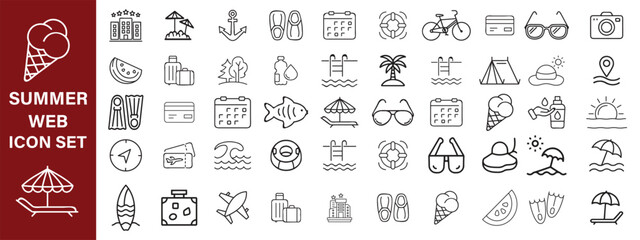 Summer set of web icons in line style. Summer vacation icons for web and mobile app. Travel, beach, tourism, summer holidays, hotel, relax, beach, luggage, passport, sunglasses. Vector illustration