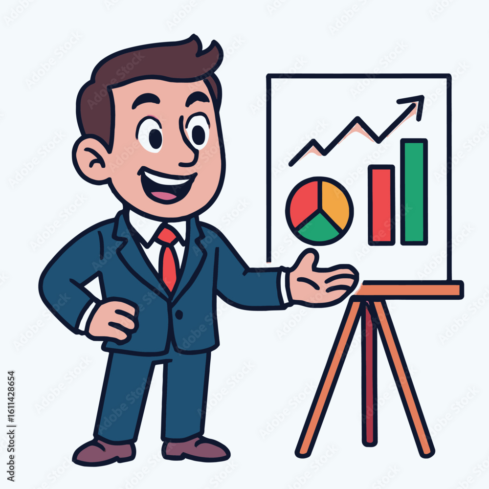 Poster a cartoon man in a suit presents data on a whiteboard on a tripod showing pie chart bar graph and tr