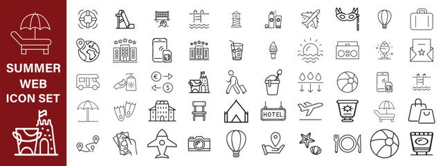 Summer set of web icons in line style. Summer vacation icons for web and mobile app. Travel, beach, tourism, summer holidays, hotel, relax, beach, luggage, passport, sunglasses. Vector illustration