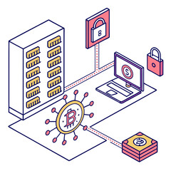 Isometric Illustration of Bitcoin Blockchain Network Security