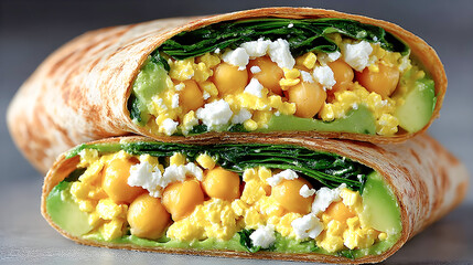Closeup of healthy breakfast wraps with scrambled eggs, chickpeas, avocado, spinach and feta cheese in grilled tortilla