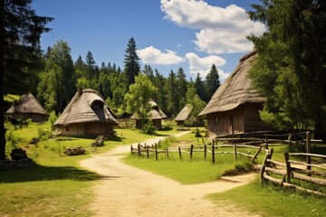 Fototapeta premium Charming village with thatched roof houses, evoking a sense of peace and rural tranquility amidst a picturesque landscape