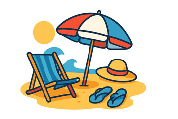 A single line doodle illustration of a summer vacation scene, featuring a sandy beach, beach umbrella, lounge chairs, straw hat, and flip flops, all connected in a continuous line drawing style with