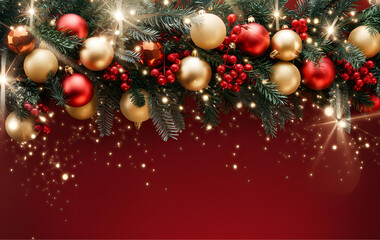 Merry Christmas Background with Decorated Pine Tree, Ornaments, and Lights