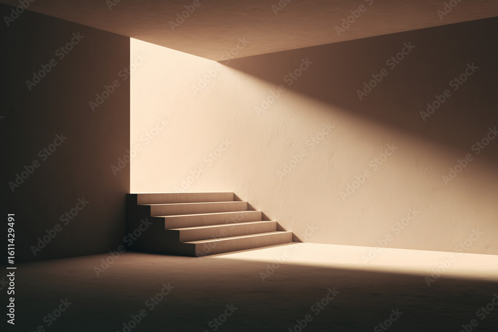 Poster minimalist scene with just one stair step in the middle of empty space symbolic of false start or in