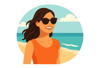 Modern flat vector cartoon illustration depicting a serene African American woman sunbathing by the sea during a summer vacation, representing travel, leisure, and lifestyle concepts