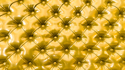 Retro furniture upholstery material in gold. Golden faux leather fabric with a pattern of yellow squares. Upholstery material of headboard in form of three-dimensional diamonds. 