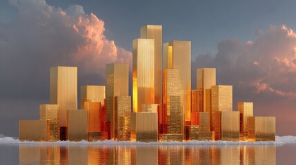 Golden Modern City Skyline with Tall Skyscrapers at Sunset