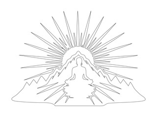 Meditating Silhouette with Radiant Sun Behind Mountain Range