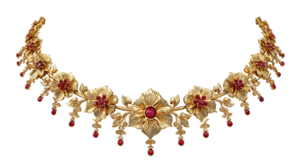 A stunning gold necklace with ruby accents, showcasing a floral motif and isolated on transparent background