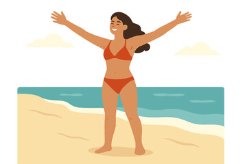 Modern flat cartoon vector illustration of a female character, a happy Latin woman in a swimsuit, relaxing and enjoying the summer sun on a tropical beach, representing vacation and travel lifestyle