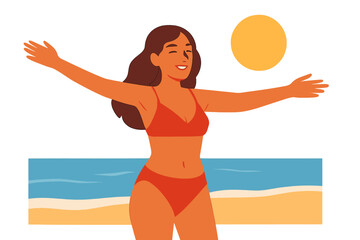 Modern flat vector cartoon illustration of a happy Latin woman relaxing at the beach on a summer vacation, representing a seaside travel and leisure lifestyle concept