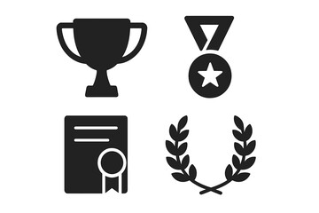 Solid black award icons set, trophy cup, star medal, certificate with ribbon seal, laurel wreath pictograms for achievement recognition, success, competition victory vector