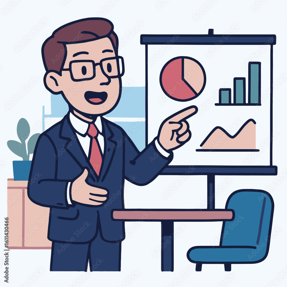 Poster man in suit presenting charts and graphs on a whiteboard in an office setting
