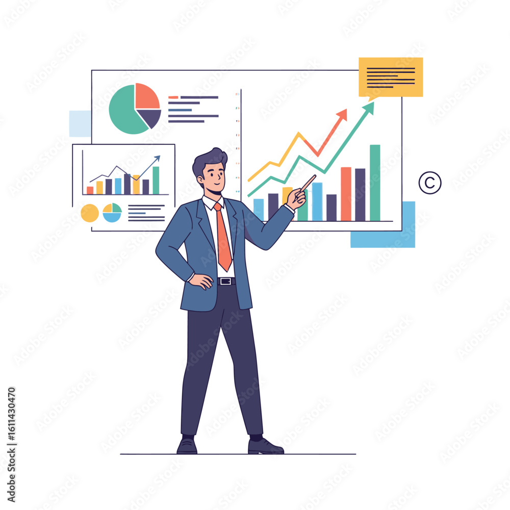 Poster man presenting charts pie graph bar upward trend highlighted