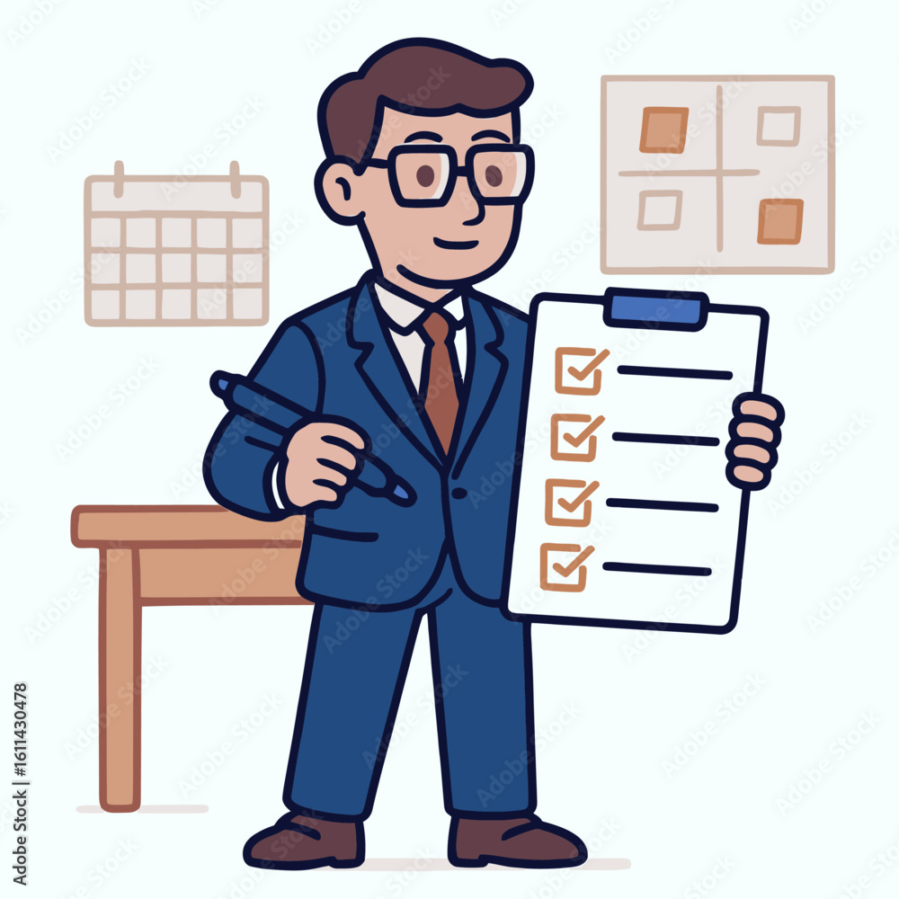 Poster man in suit holding a clipboard with checked boxes calendar and chart on the wall near a table
