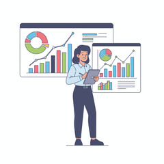 Woman analyzing charts holding a tablet standing in front of data display screens