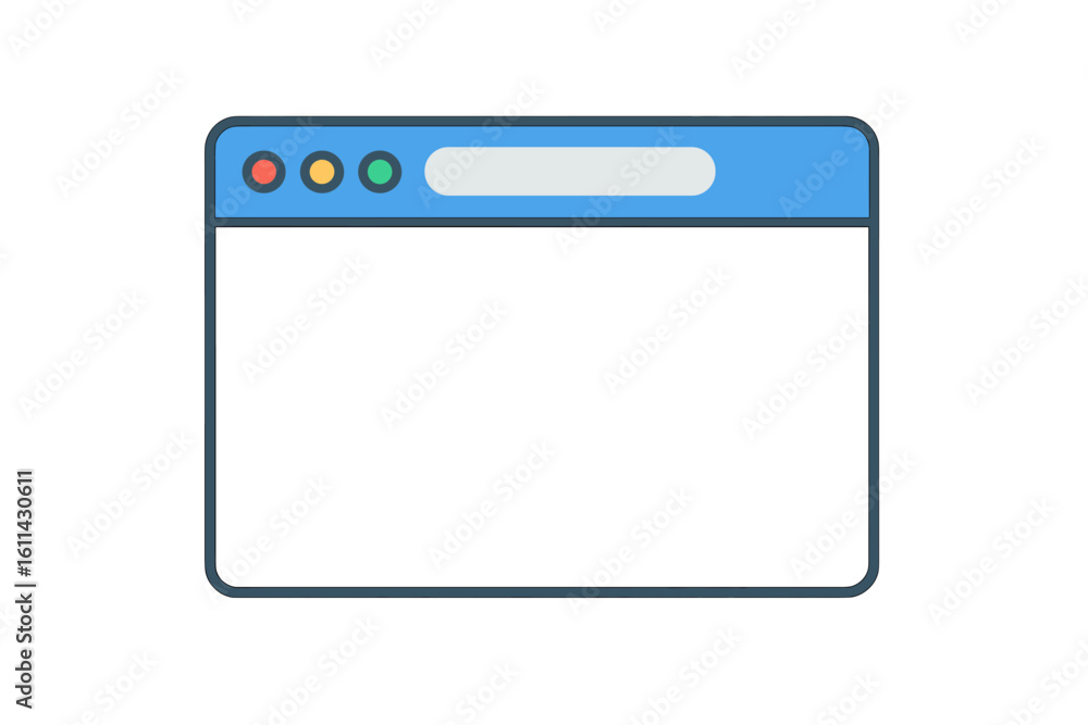 Poster minimalist blank web browser window mockup with address bar, red yellow green control buttons, blue 