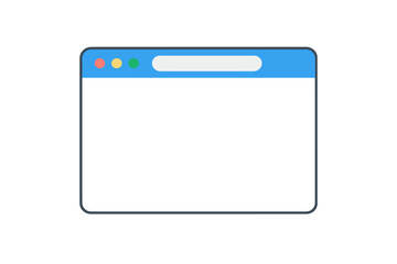 Minimal web browser window interface mockup, flat vector illustration of blank internet page template with blue address bar, colorful control buttons, empty white content area