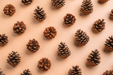 Overhead view of pinecones scattered on a light brown background