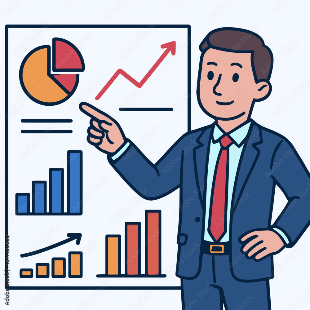 Poster animated figure presents a financial chart showing a pie graph bar graphs and an upward trend line