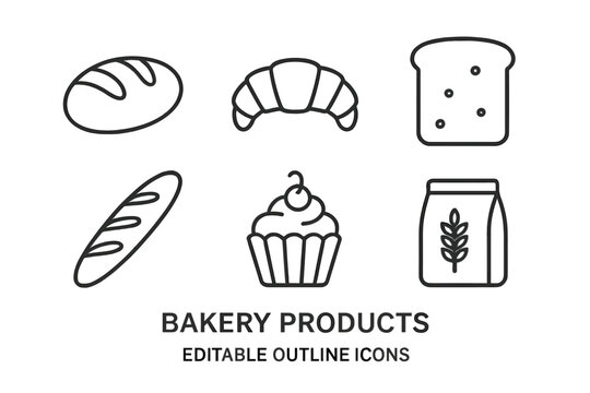 Bakery products outline icon set with bread loaf, baguette, croissant, cupcake, sliced toast and flour bag in thin line style for cafe menu, bakery logo, packaging, app UI, design resources