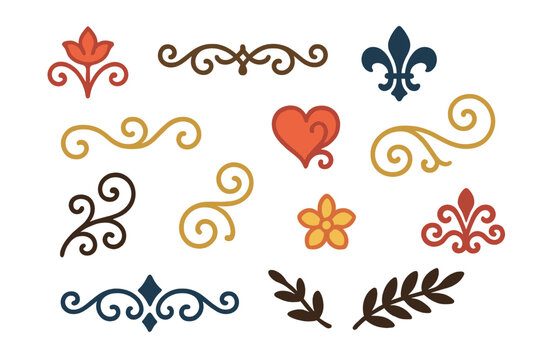 Vintage ornamental flourishes collection. Decorative swirl dividers, floral fleur-de-lis, heart, flower, laurel branch. Flat vector embellishment icons isolated on background