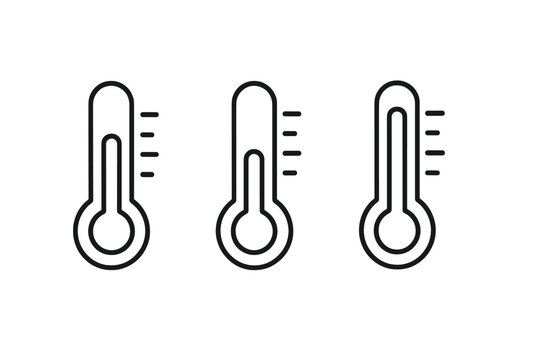 Minimalist linear thermometer icons set depicting temperature scale levels low medium high, outline weather gauge symbols, climate heat cold indicators, isolated vector illustration