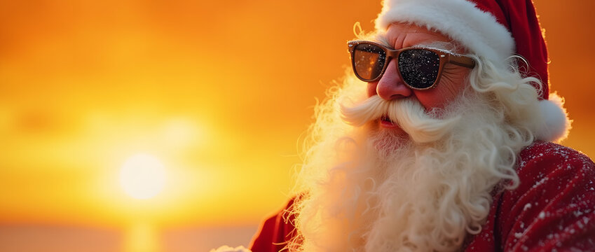 Père noël avec des lunettes de soleil et son reflet coucher de soleil. Ambiance cool bord de mer