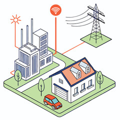 Isometric Illustration of Smart Home Energy System Connected to Power Grid and Solar Energy