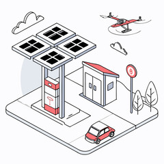 Isometric Illustration of Solar Powered Electric Vehicle Charging Station with Drone
