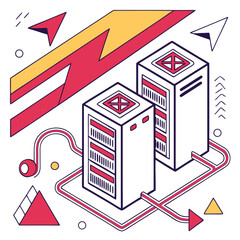 Isometric Illustration of Two Servers Connected by Network Cables