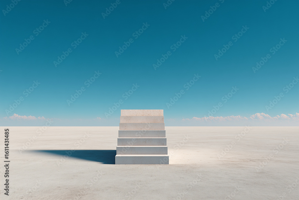 Poster minimalist scene with just one stair step in the middle of empty space symbolic of false start or in