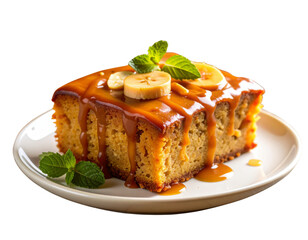 Bolo de banana caramelizado em fatia sobre mesa rústica de madeira com faca e prato – foto gastronômica – AI gerado
