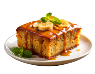 Bolo de banana caramelizado em fatia sobre mesa rústica de madeira com faca e prato – foto gastronômica – AI gerado