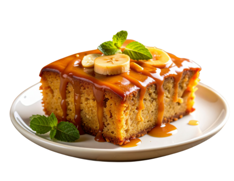 Bolo de banana caramelizado em fatia sobre mesa rústica de madeira com faca e prato – foto gastronômica – AI gerado