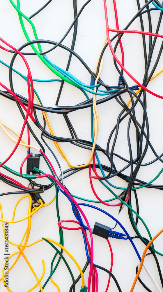 Poster multicolored tangled wires create a complex cable mess. chaotic connections symbolize technology and