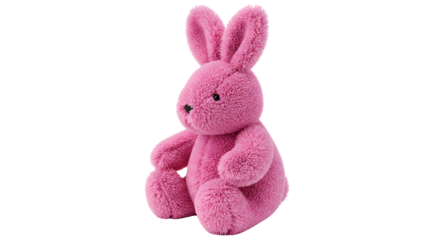 Adorable fluffy pink bunny toy sitting peacefully, perfect for children's decor, storybooks, and holiday themes