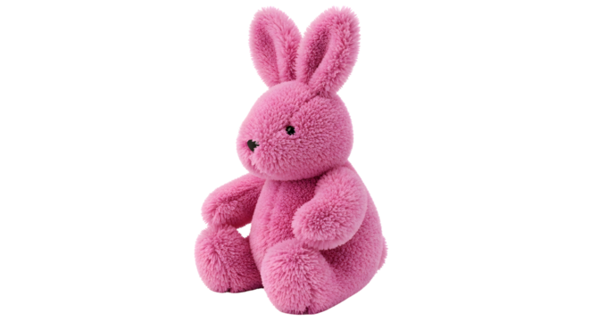 Adorable fluffy pink bunny toy sitting peacefully, perfect for children's decor, storybooks, and holiday themes