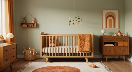 Cozy nursery interior with light wood furniture